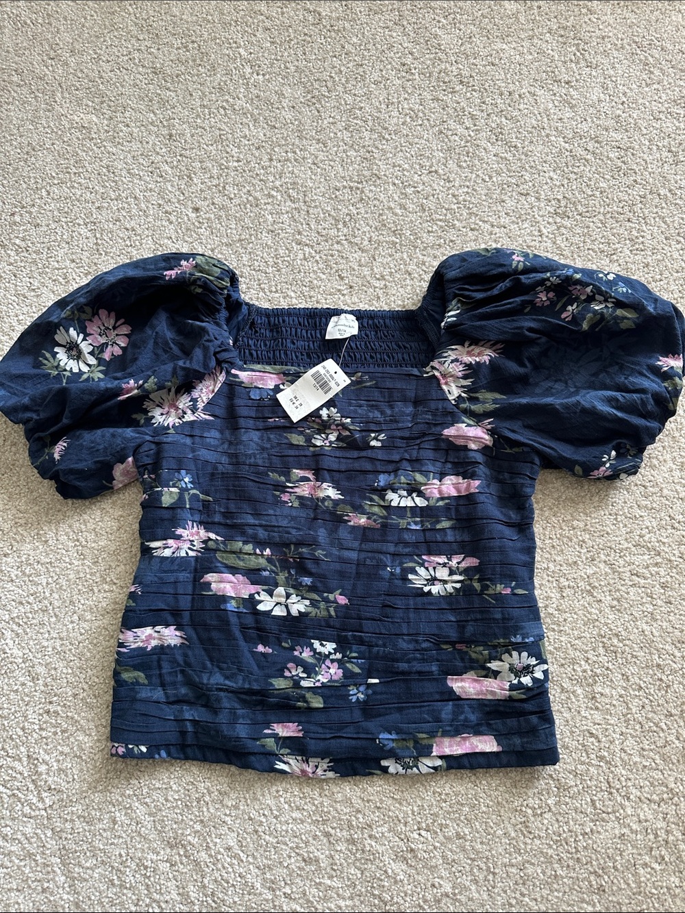 abercrombie kids Navy Floral Puff-Sleeve Square Neck Top Size 14/16